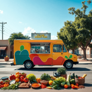 A colorful food truck on a sunny street with fresh vegetables and spices artfully arranged nearby, under a wide open sky.