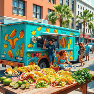 A colorful food truck with taco illustrations, a wooden table displaying fresh tacos and ingredients, and happy customers enjoying food outdoors on...
