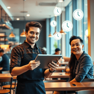 A modern restaurant interior with a smiling host holding a tablet, warm lighting, and happy customers seated nearby with floating checkmark and clo...