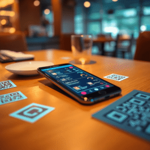 A modern restaurant table with a smartphone showing a vibrant digital menu and glowing QR code symbols nearby, highlighting a seamless contactless ...
