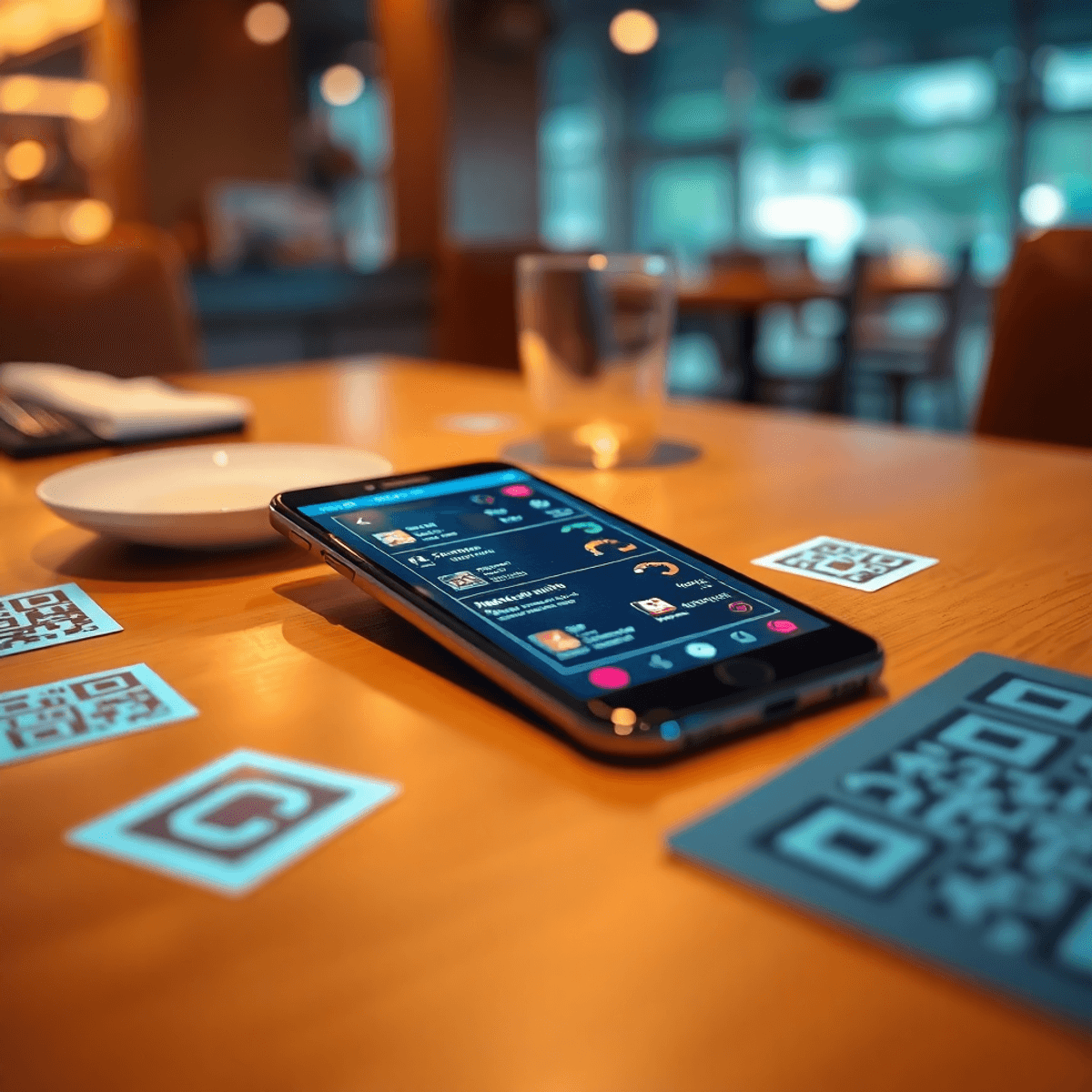 A modern restaurant table with a smartphone showing a vibrant digital menu and glowing QR code symbols nearby, highlighting a seamless contactless ...