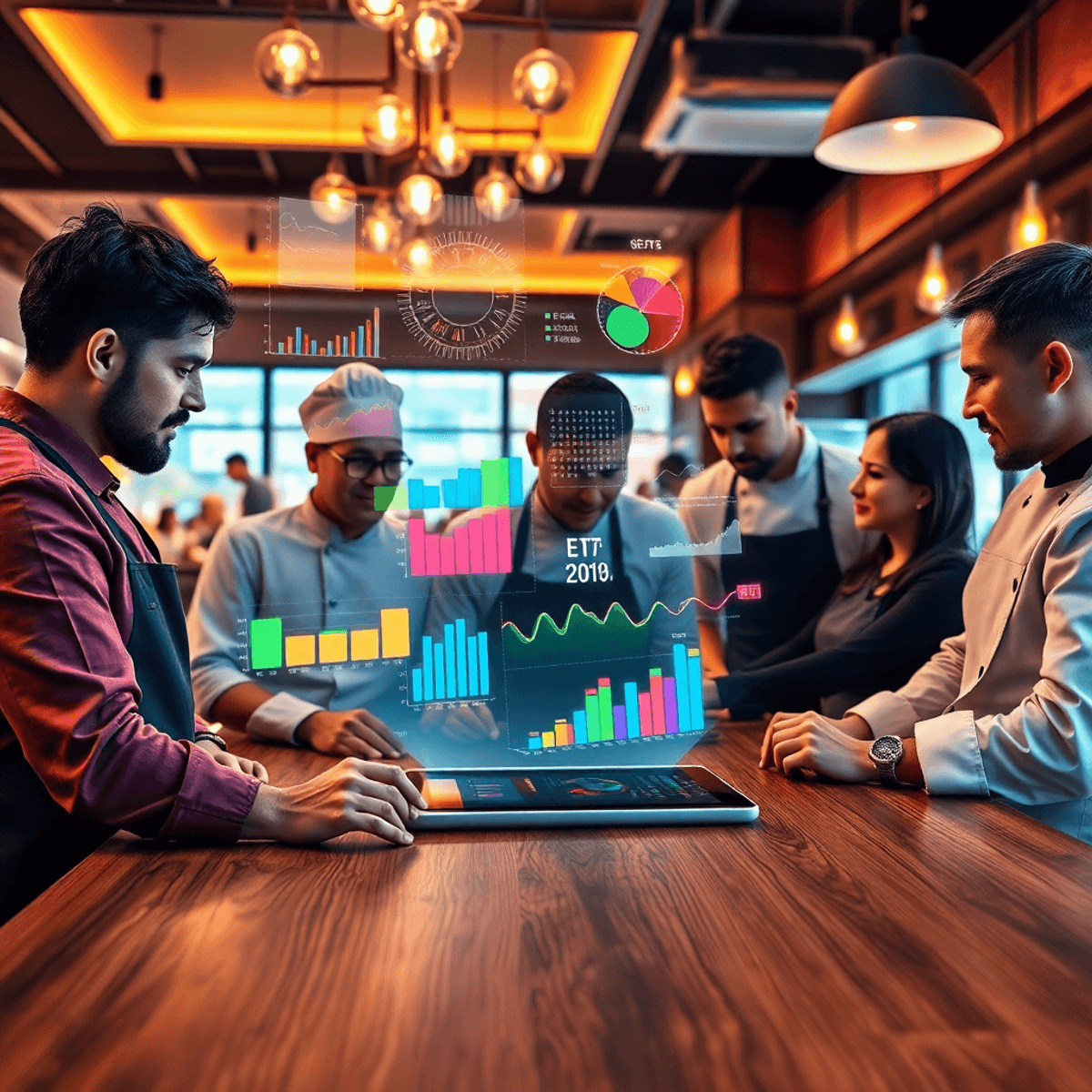 A modern restaurant team analyzing colorful data charts floating above a digital tablet on a wooden table under warm ambient lighting.