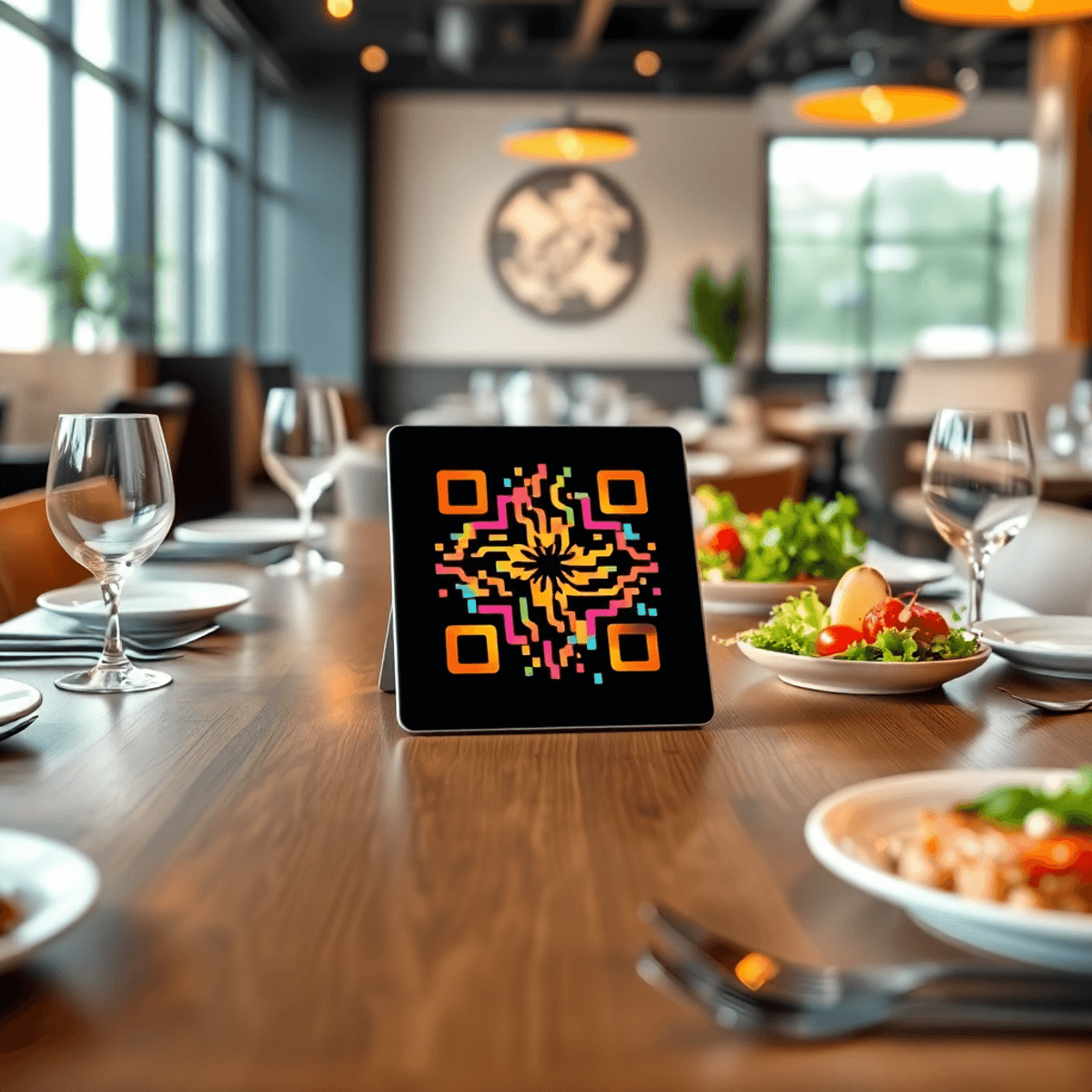 A sleek digital tablet on a wooden table showing a colorful abstract QR code pattern, surrounded by elegant tableware and fresh ingredients in a mo...