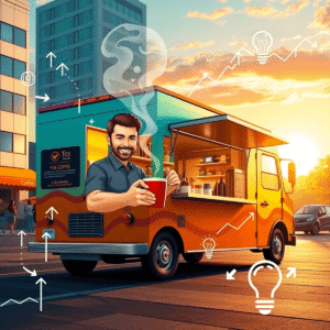 A vibrant coffee food truck in a busy city at sunrise, with a smiling barista holding steaming coffee, surrounded by abstract growth and planning i...