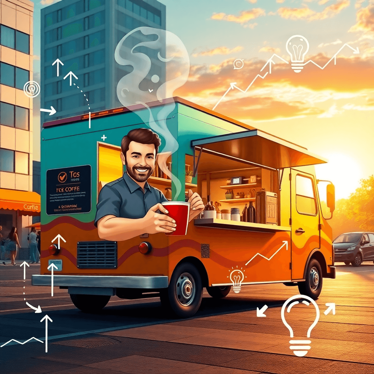 A vibrant coffee food truck in a busy city at sunrise, with a smiling barista holding steaming coffee, surrounded by abstract growth and planning i...