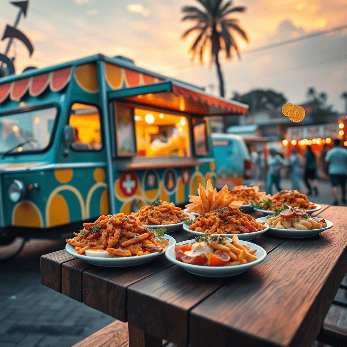 A vibrant food truck at sunset by a rustic table with colorful food plates, warm golden light, and subtle abstract symbols of growth and success in...