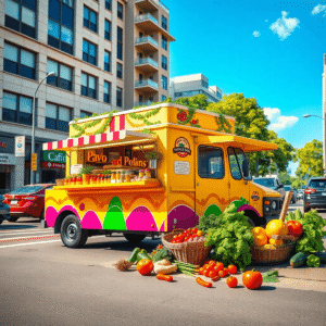 A vibrant food truck on a busy city street with colorful fresh vegetables and spices arranged around it, showcasing culinary creativity and small b...