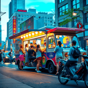 A vibrant food truck on a busy city street with customers ordering and enjoying food, surrounded by colorful urban elements and bright lights.