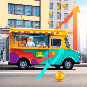 A vibrant food truck on a sunny city street with a chef serving food; floating coins and upward arrows in the background symbolize business success.