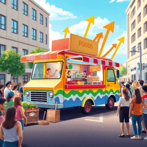 A vibrant food truck on a sunny city street with a friendly crowd, colorful fresh ingredients displayed, and subtle growth symbols floating in the ...