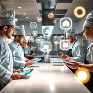 Bright modern restaurant kitchen with chefs using tablets, digital icons floating around symbolizing seamless task management and teamwork.