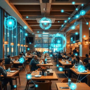 Bright modern restaurant with diners at tables, overlaid by glowing data charts and interconnected nodes symbolizing software connectivity and fore...