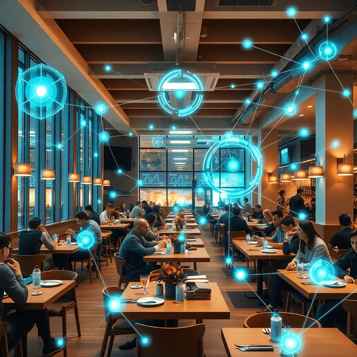 Bright modern restaurant with diners at tables, overlaid by glowing data charts and interconnected nodes symbolizing software connectivity and fore...