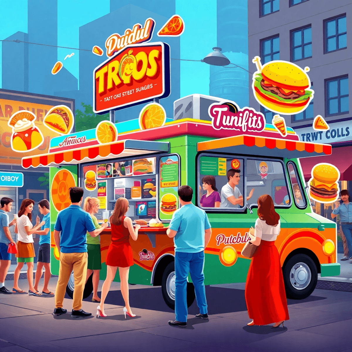 Colorful food truck in a busy city with customers enjoying gourmet street foods; vibrant taco, burger, and dessert illustrations in the background.