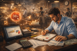 Photorealistic image of a restaurant manager standing between two oversized gold balance scales labeled “Overstaffed” and “Understaffed.” The left scale holds stacks of coins labeled “Labor Costs,” while the right holds an empty tray labeled “Service Quality.” The manager looks concerned while holding a calculator and a labor cost report. The restaurant in the background is bustling with staff and diners, visually highlighting the tension between staffing costs and customer service.