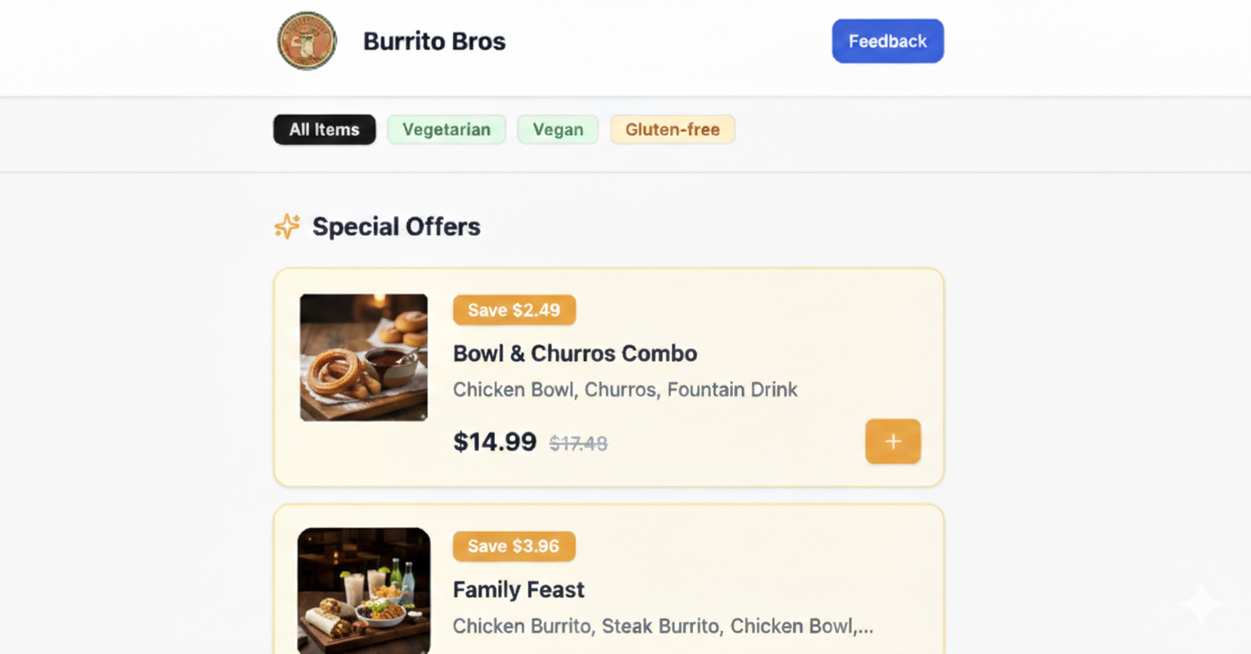 Burrito Bros online ordering menu showing Special Offers. Filter buttons at the top include All Items, Vegetarian, Vegan, and Gluten-free. Two featured deals are displayed: Bowl & Churros Combo with chicken bowl, churros, and a fountain drink priced at $14.99 (discounted from $17.48), and Family Feast including multiple burritos and bowls priced at $44.99 (discounted from $48.95). Each offer includes a food image and an add button.