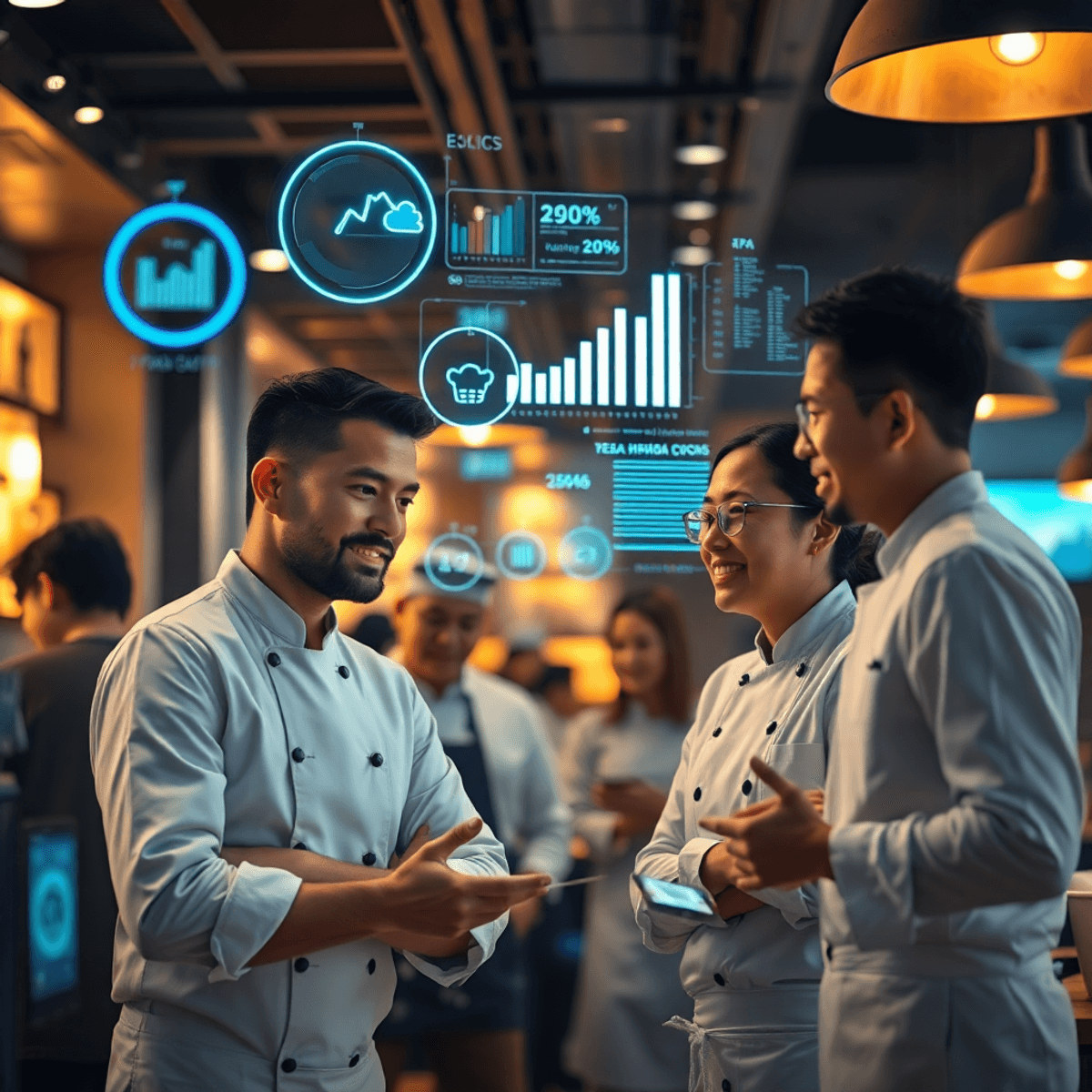 Modern restaurant interior with chefs and staff collaborating amid glowing digital holograms and charts, featuring warm lighting and sleek tech ele...