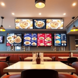 Modern restaurant interior with vibrant digital menu boards, warm lighting, and sleek design highlighting technology enhancing the dining experience.