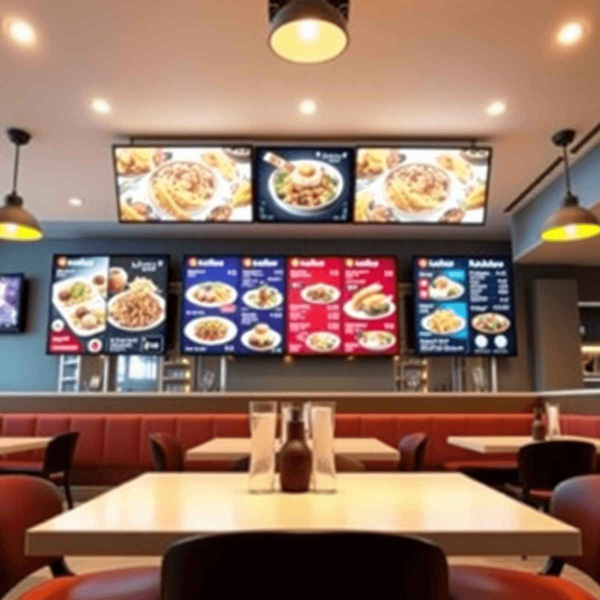 Modern restaurant interior with vibrant digital menu boards, warm lighting, and sleek design highlighting technology enhancing the dining experience.