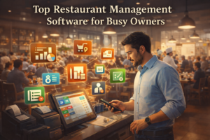 Photorealistic image of a restaurant owner in a busy, modern restaurant using a smartphone while interacting with a touchscreen POS system. Glowing digital icons representing software features like inventory, analytics, scheduling, and online ordering float around him. Diners fill the background, and a chef works in an open kitchen, highlighting the blend of hospitality and technology.
