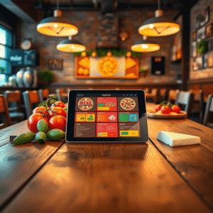 Rustic wooden table with a modern tablet showing a colorful pizza menu, surrounded by fresh ingredients and warm ambient lighting in a cozy pizzeri...