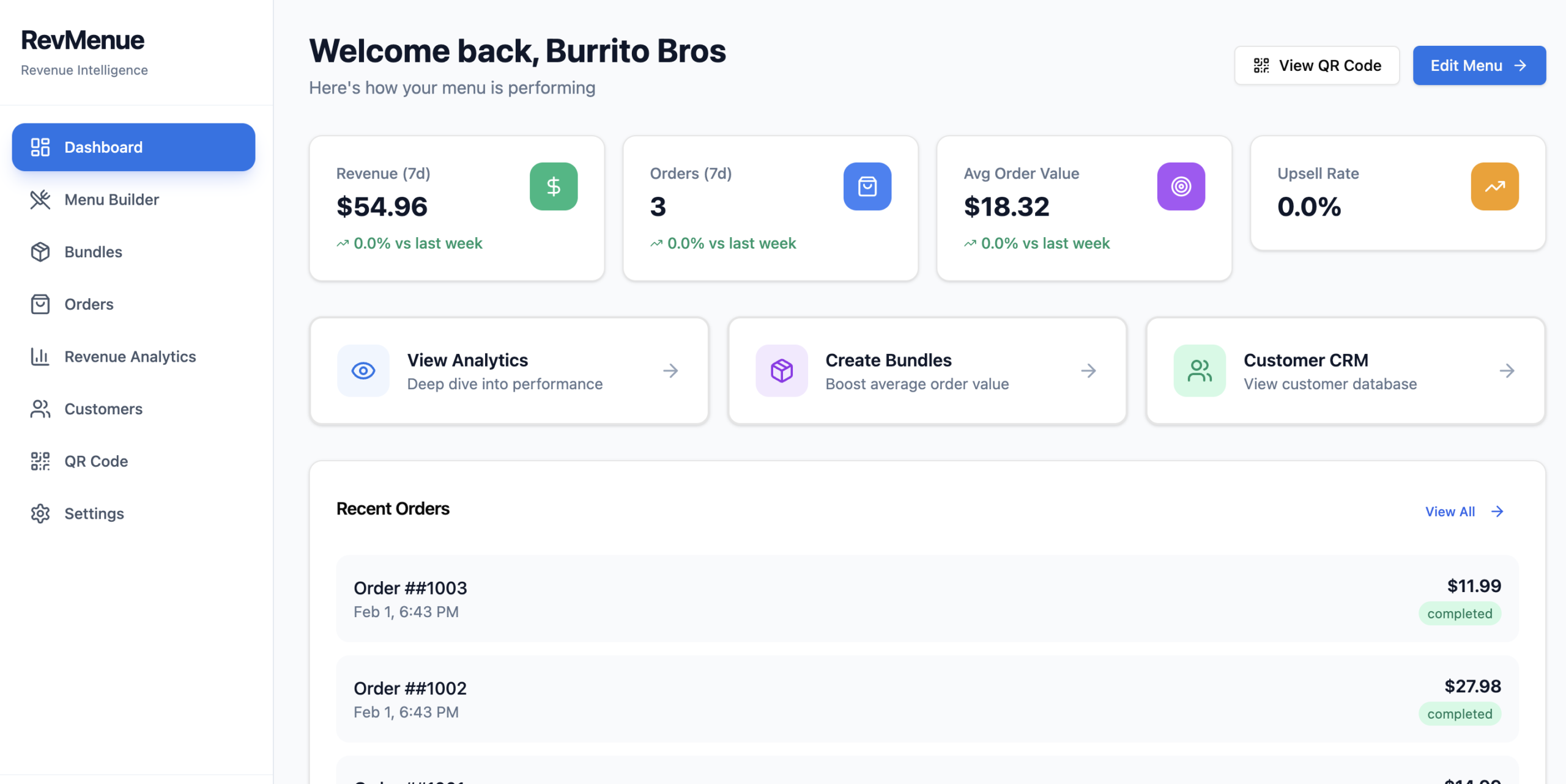 RevMenue dashboard for example restaurant showing weekly performance metrics. Summary cards display $54.96 in revenue over 7 days, 3 orders, an average order value of $18.32, and a 0.0% upsell rate. Navigation menu on the left includes Dashboard, Menu Builder, Bundles, Orders, Revenue Analytics, Customers, QR Code, and Settings. Recent orders list shows three completed orders with prices and timestamps.