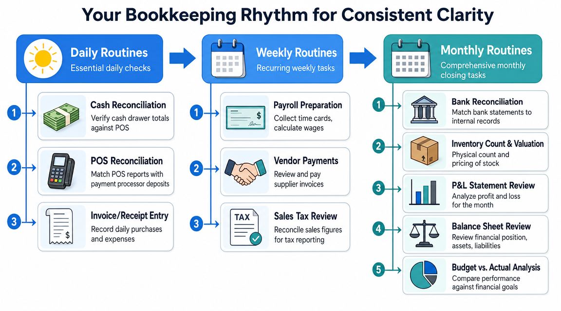 A flowchart infographic outlining daily, weekly, and monthly bookkeeping routines for consistent financial business clarity.