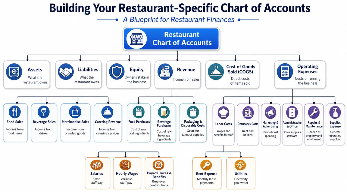 A comprehensive flowchart illustrating the essential components of a restaurant specific chart of accounts for financial management.