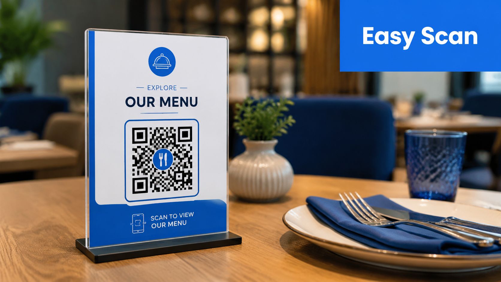 A table sign with a QR code for scanning to view a digital restaurant menu on a phone.