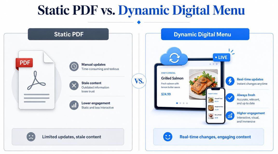A comparison chart showing the disadvantages of static PDF menus versus the benefits of dynamic digital menus.