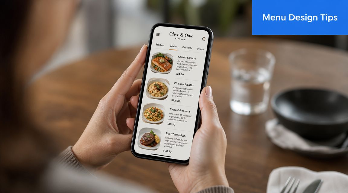 A person holds a smartphone displaying the digital menu for Olive & Oak restaurant at a table.