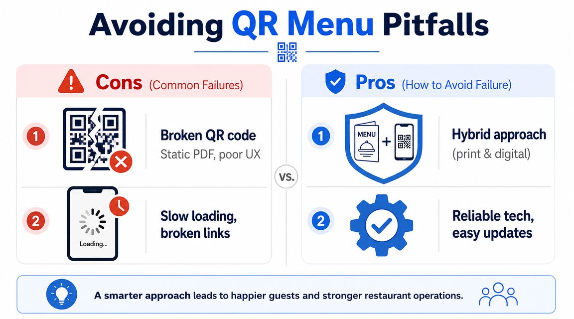An infographic comparing the common failures of QR menus against the advantages of a hybrid menu approach.
