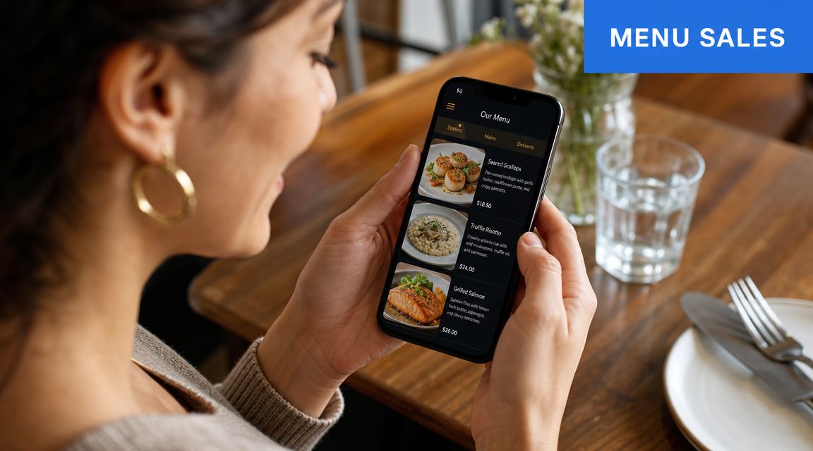 A woman looks at a digital menu on her smartphone while sitting at a restaurant table.