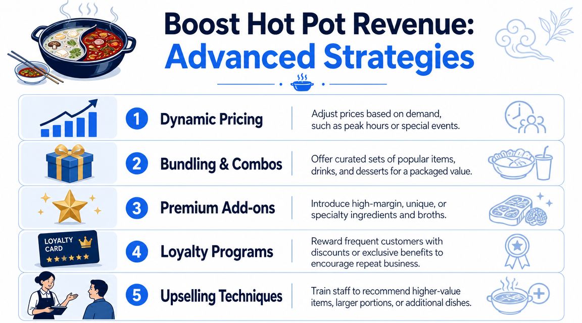 An infographic showing five advanced business strategies to increase revenue for a hot pot restaurant.
