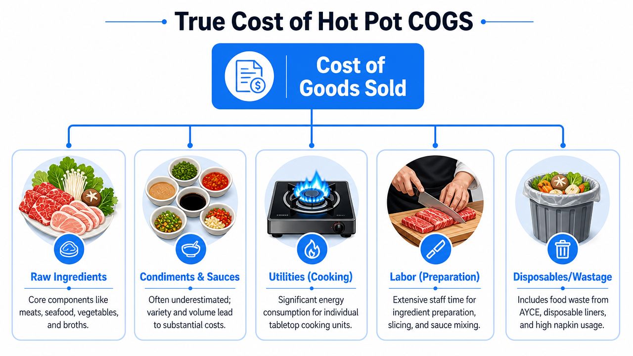 A diagram breaking down the true cost of goods sold for a hot pot restaurant business.