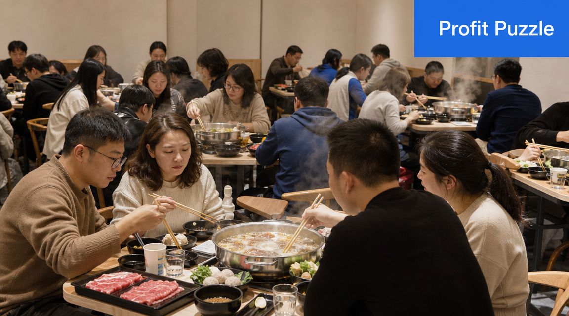 A group of people eating a communal hot pot meal in a crowded, modern restaurant setting.