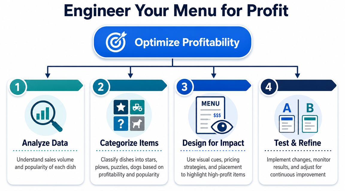 A four-step infographic illustrating strategies to increase restaurant profits through menu engineering and data analysis.