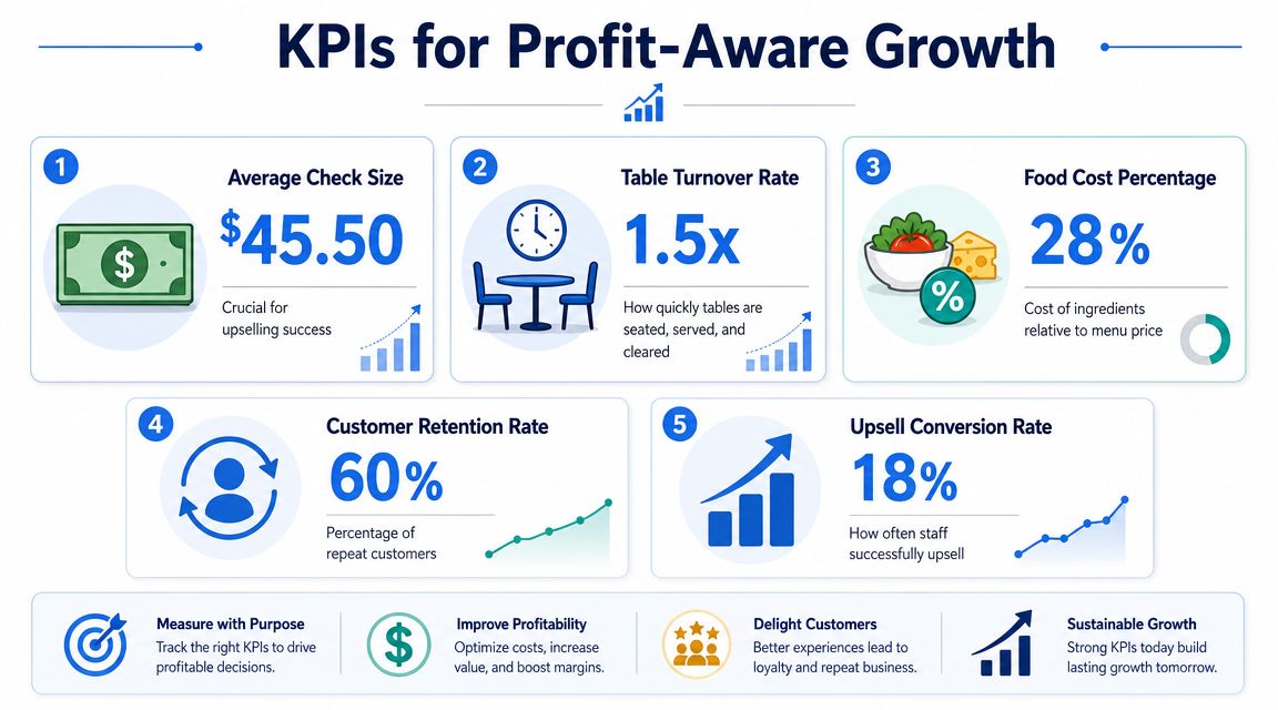 An infographic titled KPIs for Profit-Aware Growth displaying five key restaurant performance metrics and business goals.