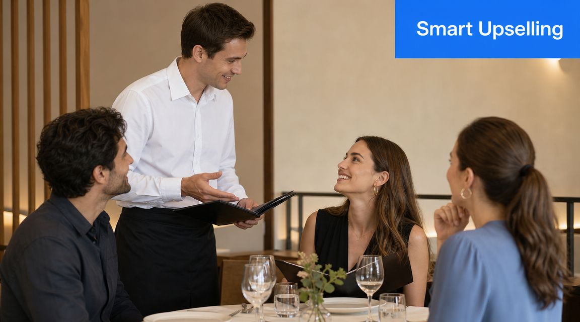 A smiling waiter providing recommendations to a group of guests dining in a high-end restaurant.