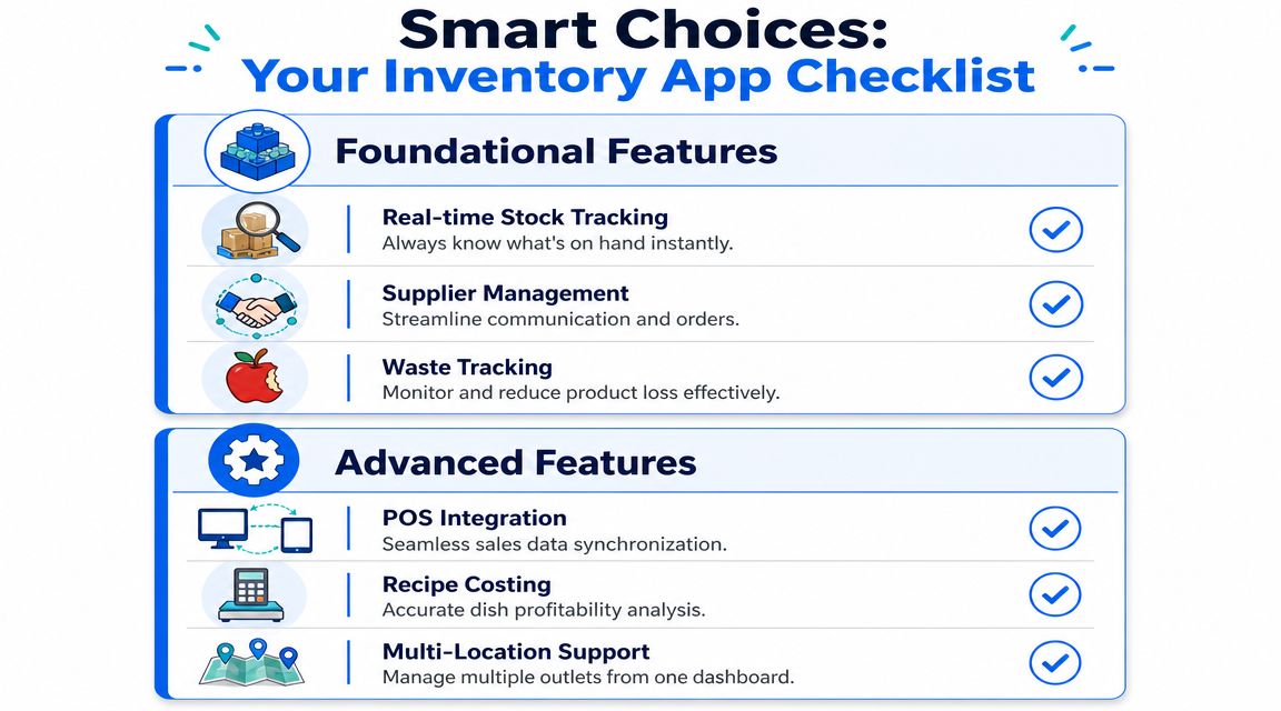 A checklist chart titled Smart Choices, listing foundational and advanced inventory app features with icons.
