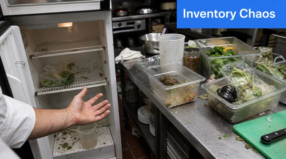 A chef gestures toward a nearly empty refrigerator in a cluttered professional kitchen with containers of food.