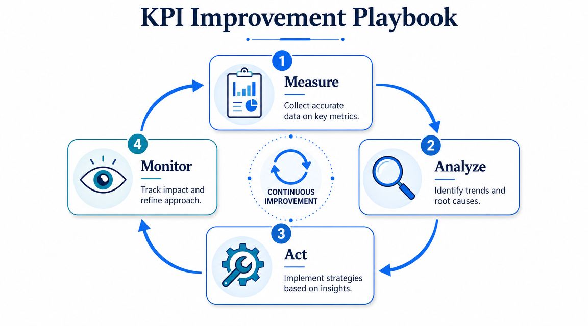 A diagram illustrating the four steps of the KPI improvement playbook for continuous business performance management.