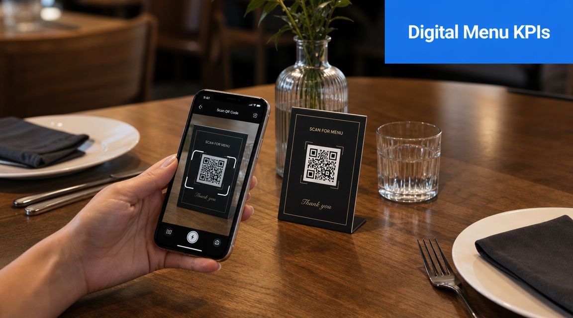 A customer holding a smartphone to scan a QR code for a digital menu at a restaurant table.