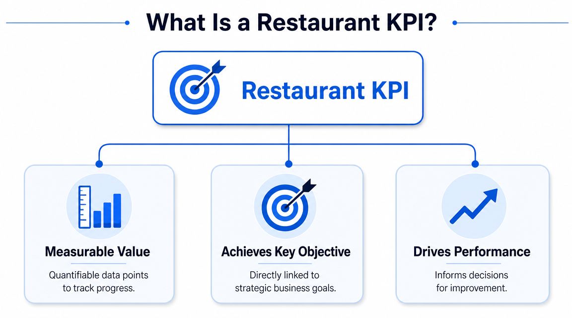 An infographic titled What Is a Restaurant KPI, showing three core components for business growth tracking.