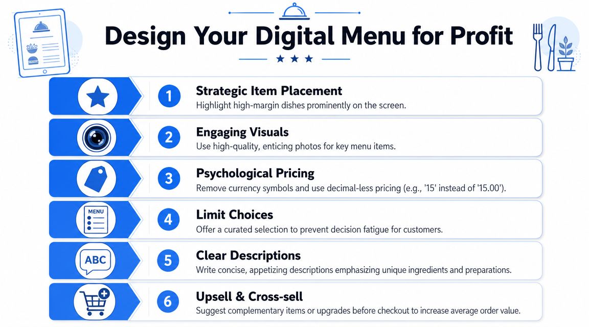 An infographic titled Design Your Digital Menu for Profit, listing six strategies to optimize digital restaurant menus.