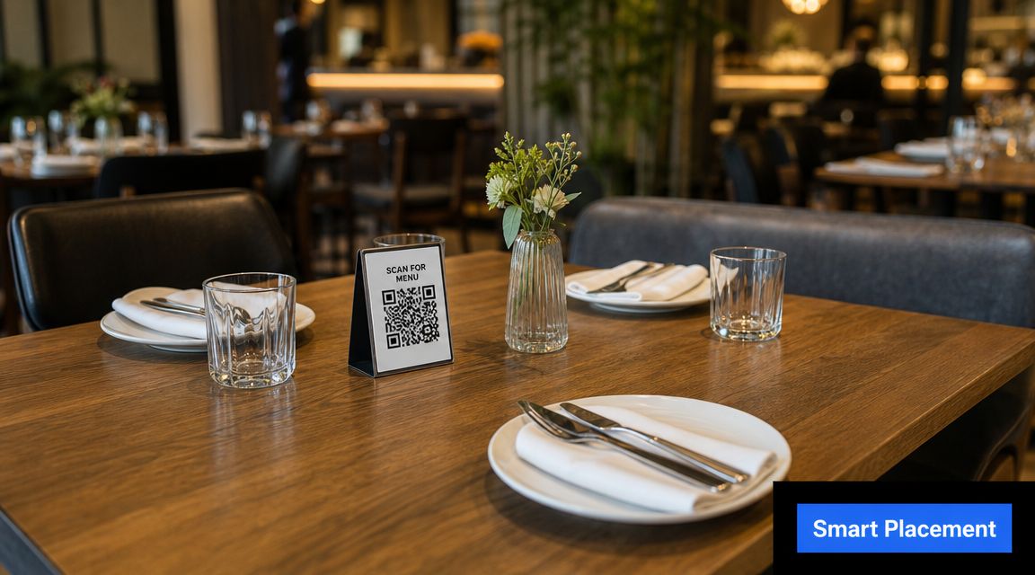 A modern restaurant table with a QR code menu sign, glasses, cutlery, and a small flower vase.