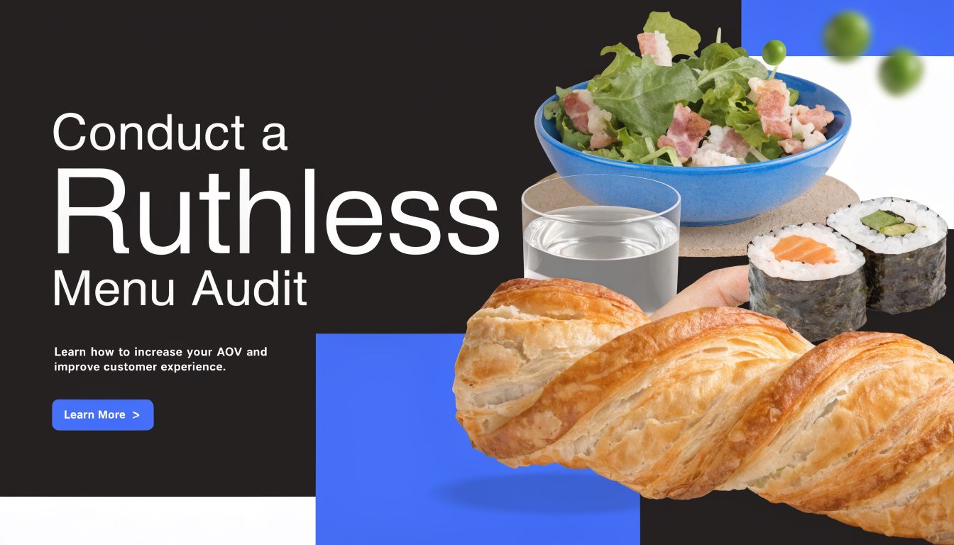 A graphic featuring text about a ruthless menu audit alongside images of salad, sushi, and pastry.