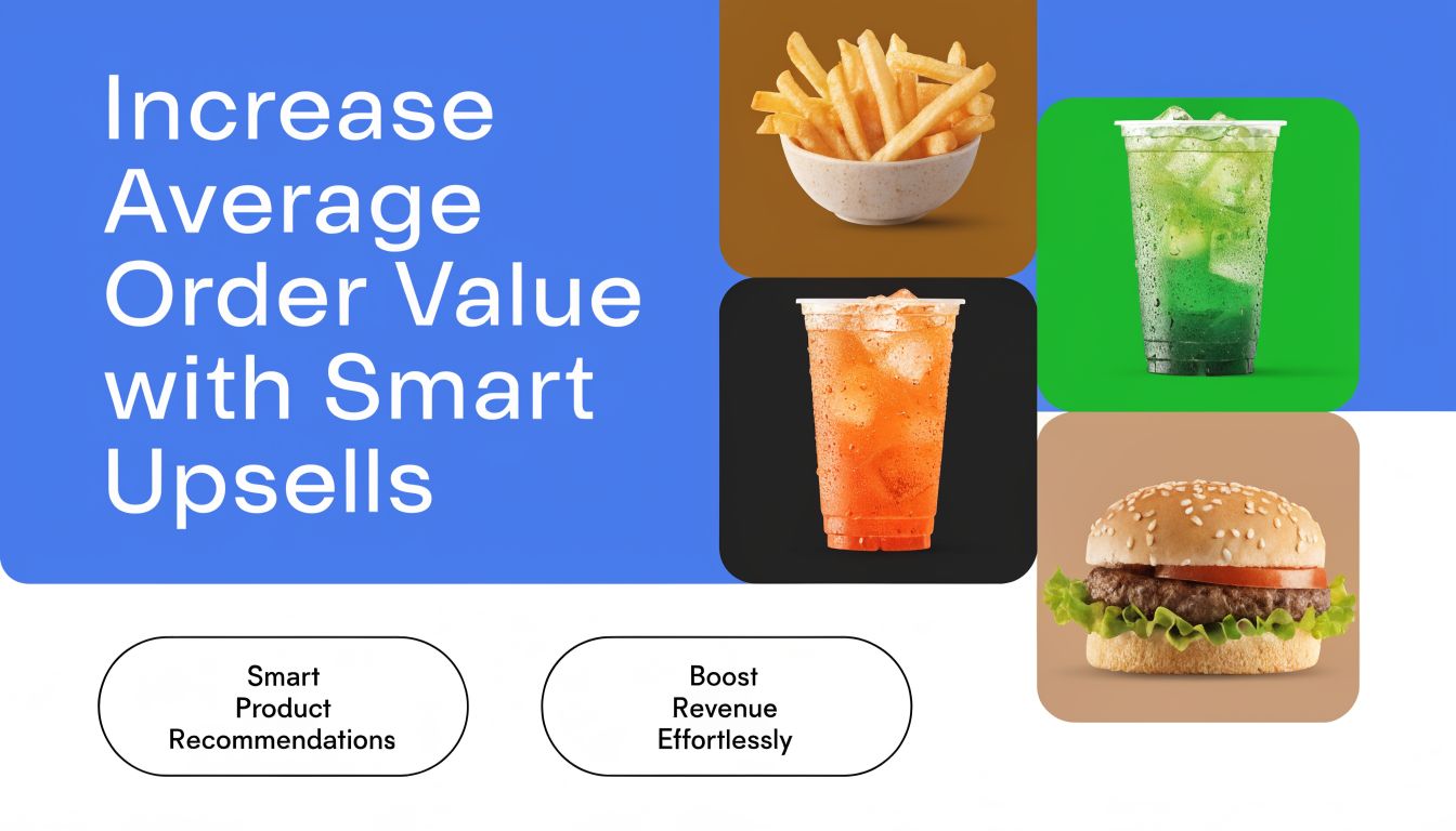 A digital graphic promoting smart upselling strategies for increasing restaurant order value with food and drink images.