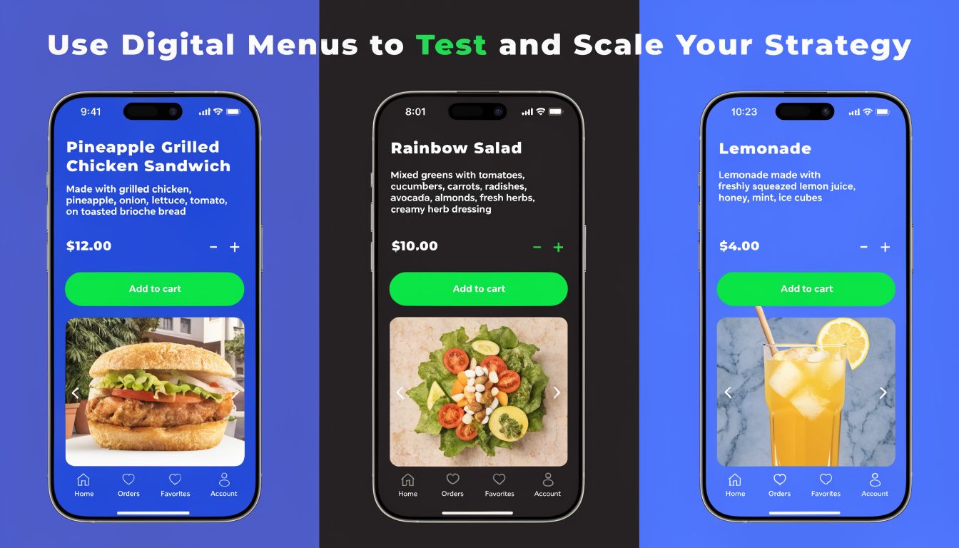 Three smartphone screens displaying a digital food ordering app for a restaurant menu optimization strategy.