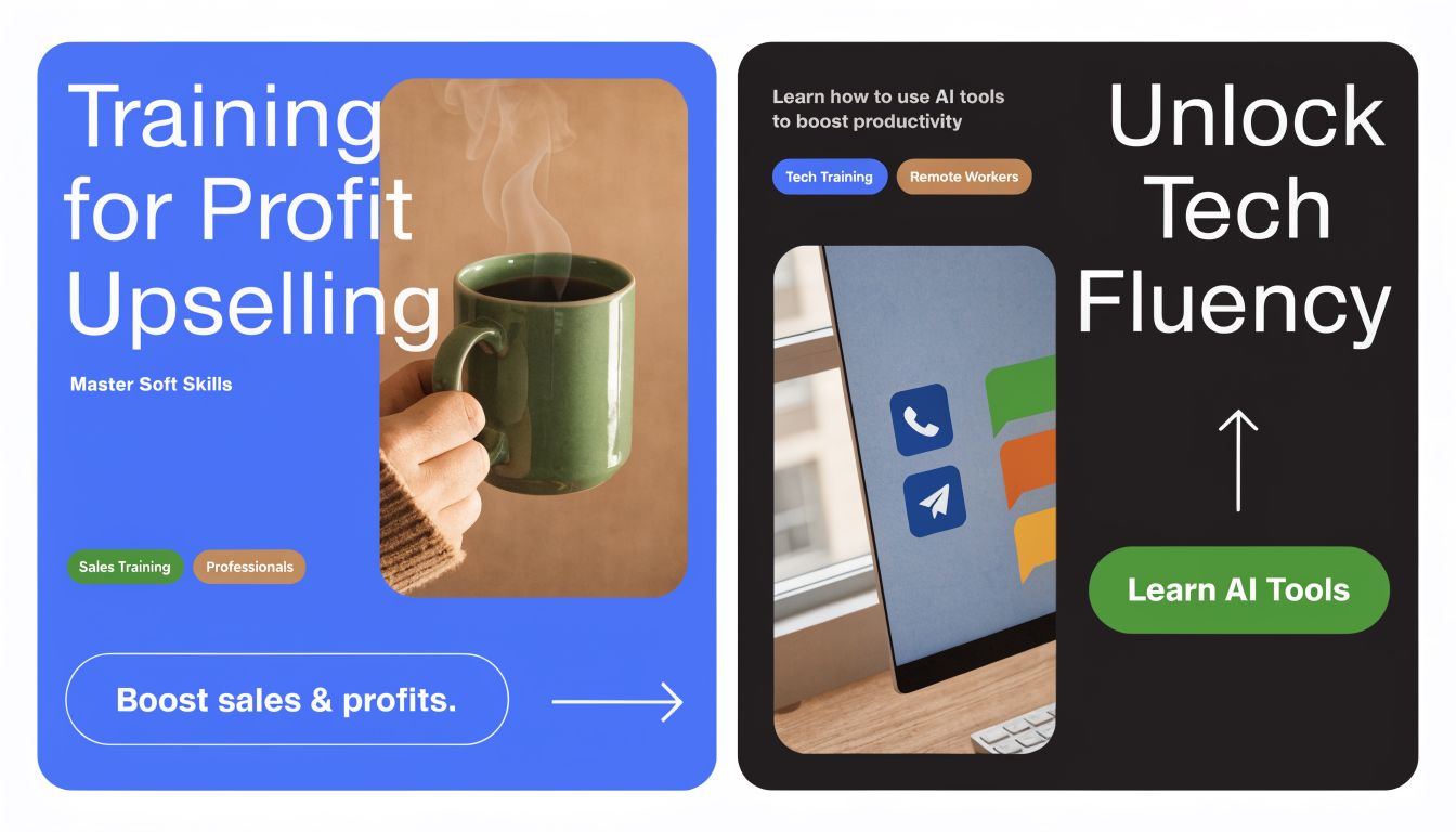 Two square promotion cards displayed side by side featuring business training, sales workshops, and technical AI education.
